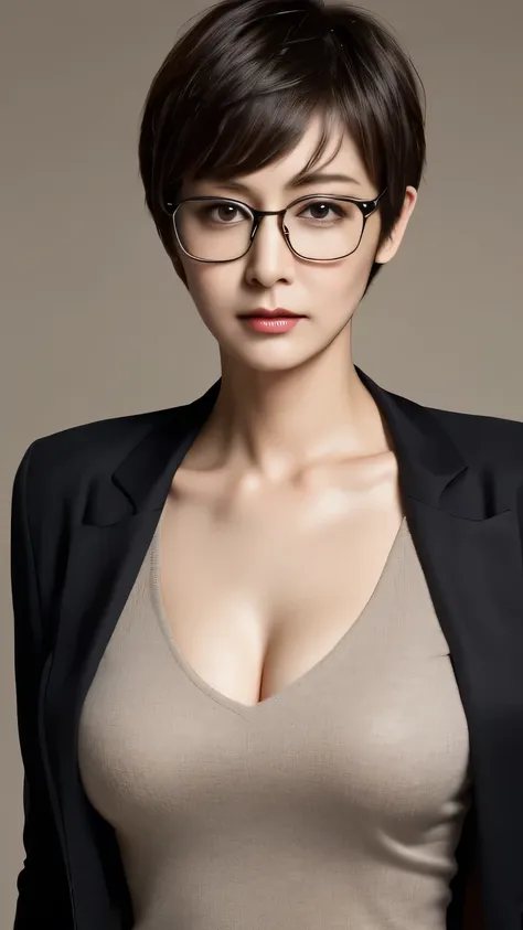 (highest quality,8k,masterpiece),anatomically correct,beautiful mature woman,
plain mature woman,glasses,pixie cut,
big breasts,...