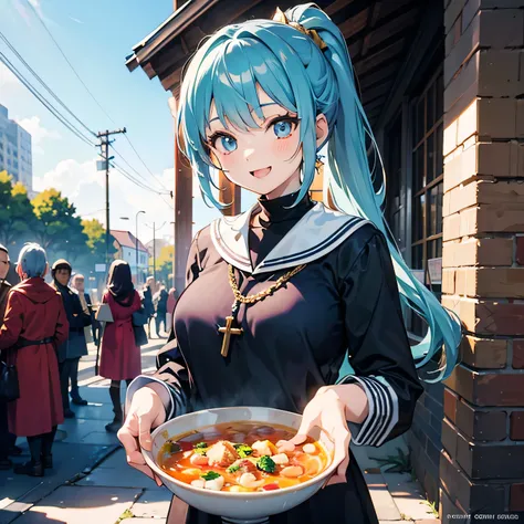 Anime Moe Art Style,highest quality,High resolution,Anatomically correct,One Girl,Mid-teens,A girl with light blue hair in a ponytail,Super detailed,Fantasy-style world,Sister,Monastic uniform,Big Breasts,Bright smile,Laughing with your mouth open,Outdoor,...