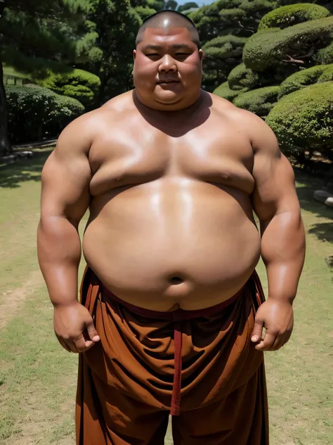 A young monk from ancient Japan, who looks like a fat bodybuilder like a sumo wrestler、He was standing there with a sunburned face and a haggard look on his face.
