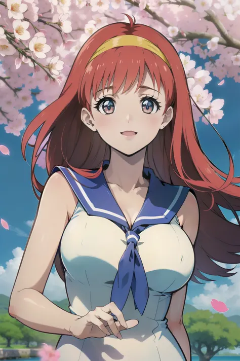 (Very beautiful face and eyes:1.2),(Laugh together),((Big Breasts))、The wind is blowing、
Beautiful feet,Sailor suit、,Redhead、Yellow headband、cherry blossoms、
(highest quality,masterpiece:1.2),1 girl,Looking at the audience,
Natural light,Hair blowing in th...