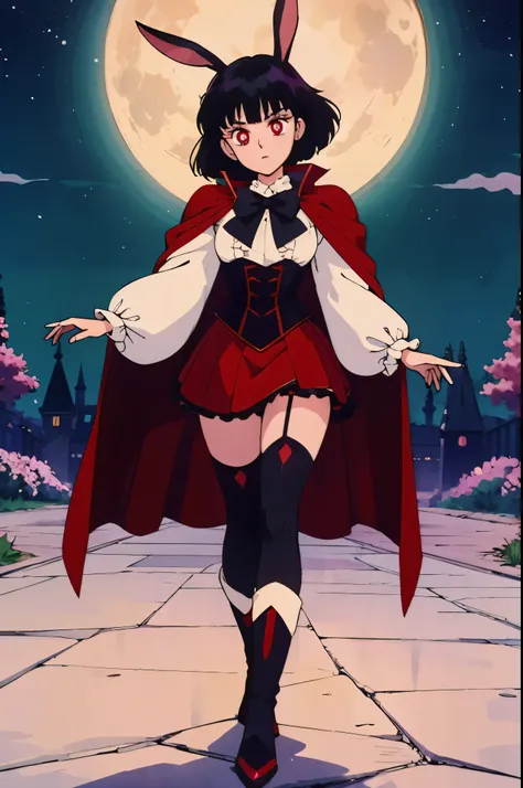 anime girl, tall, short black hair, Bangs are heavy, bunny ears, vampire, red eyes, ((best quality)), ((highly detailed)), masterpiece, absurdres, (detailed eyes, deep eyes), (1girl), cape, Outside at night when the moon shines, dress, frills, The sleeves ...