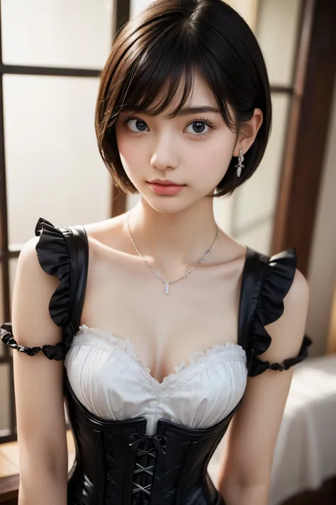 ((sfw: 1.4)), ((detailed face,  professional photography)), ((sfw, corset top, earrings, necklac,, extra short hair, sidelocks-h...