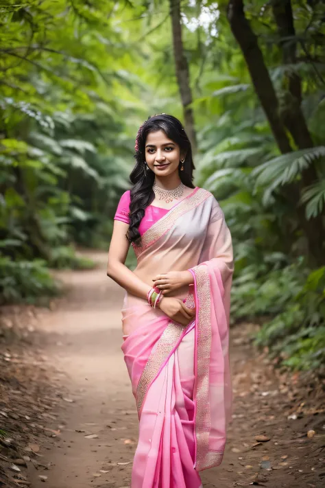 a beautiful young traditional girl wearing pink saree in the forest