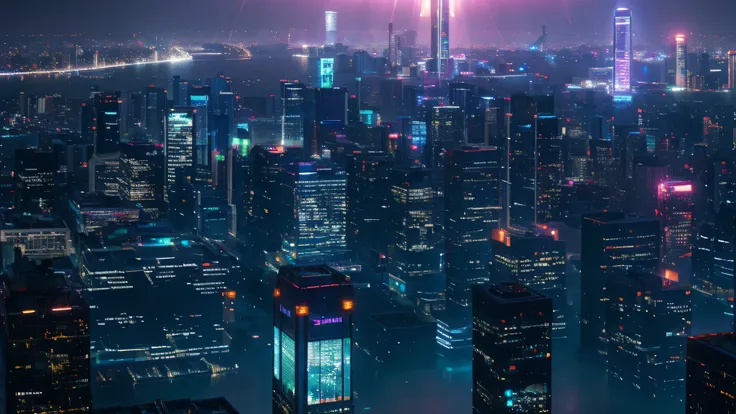 at the top of a skyscraper, a chuva cai incessantemente, creating a glowing veil over the cyberpunk city. the view is dominated ...