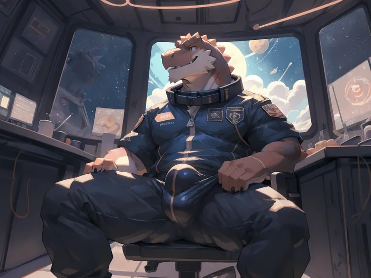 Solo, male, sitting, by bigcozyorca, by goonie-san, by bebebebebe, by spikedmauler, facing viewer, red, black fur, tyrannosaurus, bushy tail, buff, spacesuit, space observation deck background, open mouth, detailed mouth, closed mouth grin, drooling, smirk...