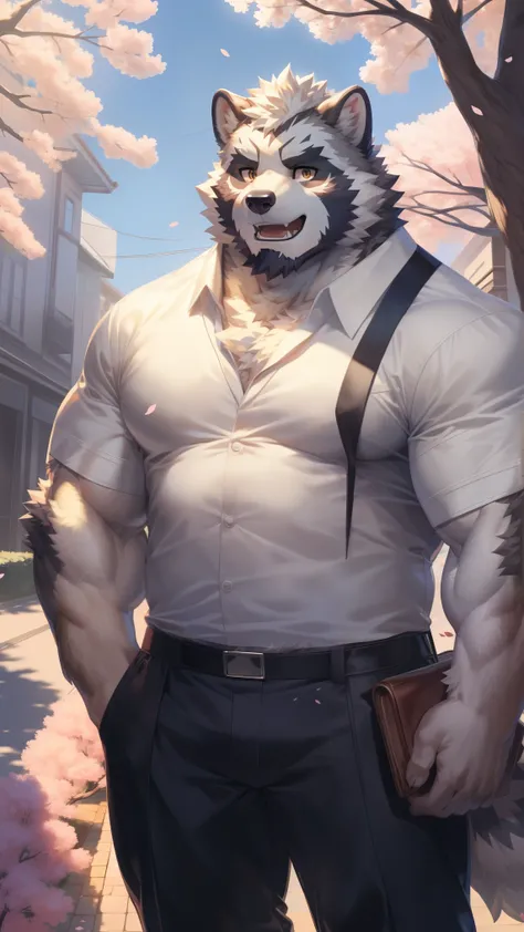 Solitary, anthropology, hairy, hairy male, Wolf, ((Fluffy fur, Fluffy, hairy body)), (Wolf印), (short beard), youth, Gray body, White belly, muscular, White, Big muscles, Golden pupils, Tail, deTailed teeth, deTailed face, Fundos,((Open it) Gray shirt), Unt...