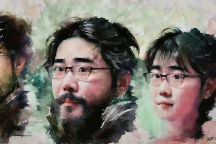 (yossan), in the background with watercolor texture、wearing glasses、generate a portrait of a bearded male model。his face was lit...