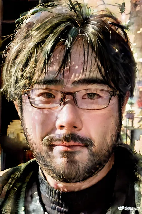 (Yossan), In the background with watercolor texture、Wearing glasses、Generate a portrait of a bearded male model。His face was lit up、Painted in soft watercolor colors。The frames of the glasses have a sophisticated design.、It highlights his intellectual appe...