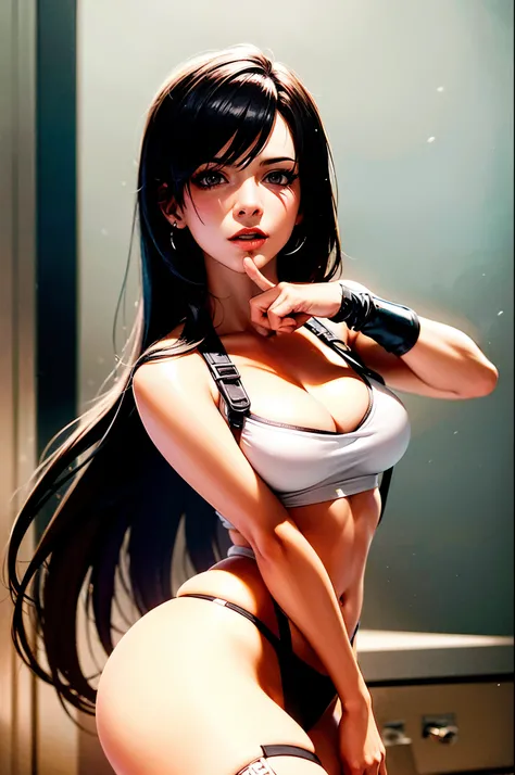 (((obra maestra))), (((mejor calidad))), Chica anime con pelo largo y falda de cuero parada bajo la lluvia., retrato de tifa lockhart, tifa, tifa lockhart, retrato de tifa lockhart, tifa lockheart, seductive retrato de tifa lockhart, glamorosa tifa lockhea...