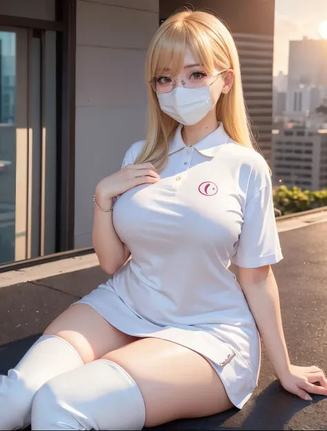 Taiwanese idol girl　Mature Woman　Blonde with bangs　((Rimless glasses))　Big Boobs　Big Breasts　　Big eyes　((White Face Mask))　Sunset on the roof of a building　((Polo shirt))　((Enamel Knee High Boots))　A masterpiece of plump thighs　8K　Sit with your legs apart　...