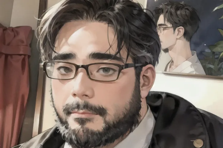 (yossan), in the background with watercolor texture、wearing glasses、generate a portrait of a bearded male model。his face was lit...