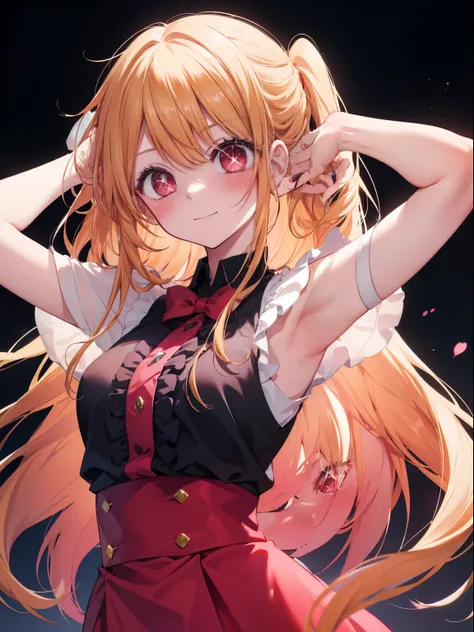 Hoshino Ruby、Good looking girl (Long blonde hair with square bangs, Big Red Eyes, One-eyed star,blush, Perfect Face), independent , looking at the camera, masterpiece, Anime art style, Cute Characters, Most detailed, high quality、Nico Nico Smile、Showing ar...