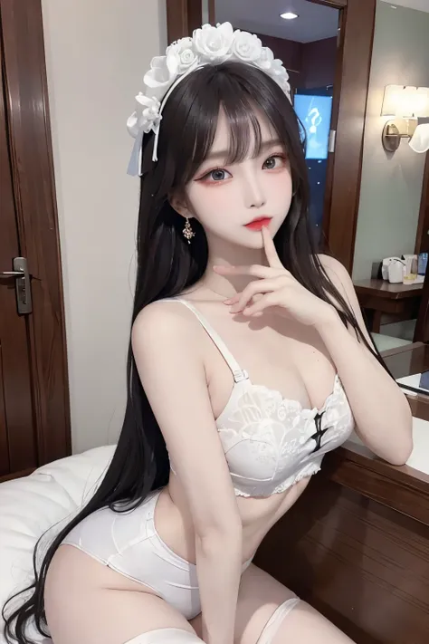 Top image quality、Raw photography、A high resolution、20-year-old cool Korean、big round chest、sexy white lace underwear、Beautiful Eyes of Details、very elongated eyes、Beautiful eyelashes、Beautiful double eyelids、eyeshadows、long legs,medium thighs, beautiful e...