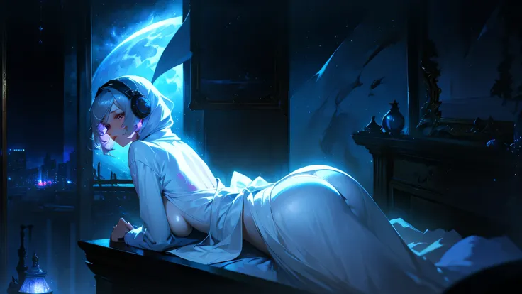 A woman wearing a white bathrobe and headphones is lying on her bed、A beautiful night view behind、Big Breasts、sexy、Room with a night view、Moonlight、Unbuttoned、Beautiful woman looking back、Butt、Beautiful buttocks、Downlight、full moon、Stylish room with firepl...