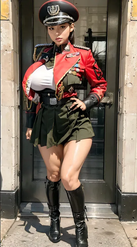 physically-based rendering, 1girl, Female soldier, (huge fake breasts:1.2), (street:1.5), sexy muscular body, slim waist, big buttocks, (Full body:1.3), walking, (skintight army skirt), (red military jacket uniform:1.3).