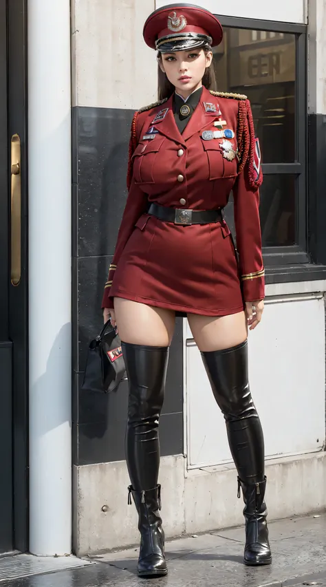 physically-based rendering, 1girl, Female soldier, (huge fake breasts:1.2), (street:1.5), sexy muscular body, slim waist, big buttocks, (Full body:1.3), walking, (skintight army skirt), (red military jacket uniform:1.3).