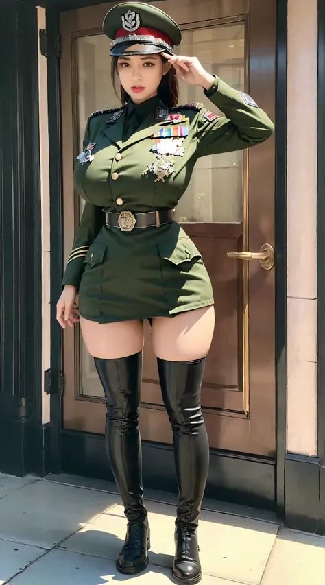 physically-based rendering, 1girl, Female soldier, (huge fake breasts:1.2), (street city), sexy muscular body, slim waist, big buttocks, (Full body:1.3), walking, skintight army skirt, (military uniform:1.3).