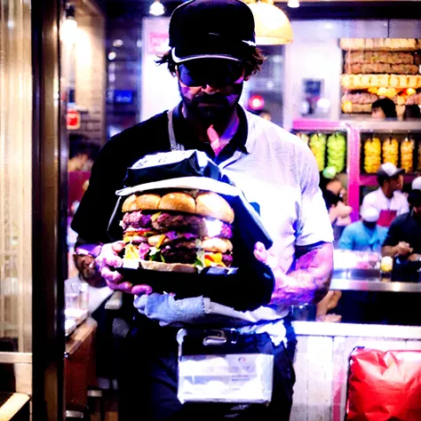 very realistic portrait, a 30 year old man, stocky body, wearing a gray collared shirt. Wearing a black baseball cap, black trousers, carrying a container containing lots of burgers, the setting is in a restaurant full of buyers, very real, detailed, Ultra...