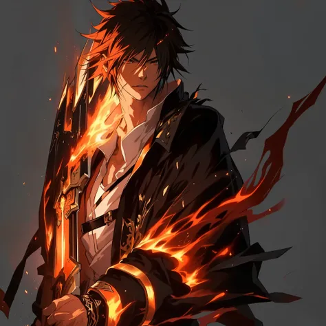 Master piece, best quality, anime, anime boy, man with a bracelet on fire, fire, fire, fire, flames, fire, anime epic artwork, ((FINAL FANTASY XVI)) ((CLIVE ROSFIELD)), high definition anime art, detailed digital anime art, hd anime wallpaper, epic fantasy...