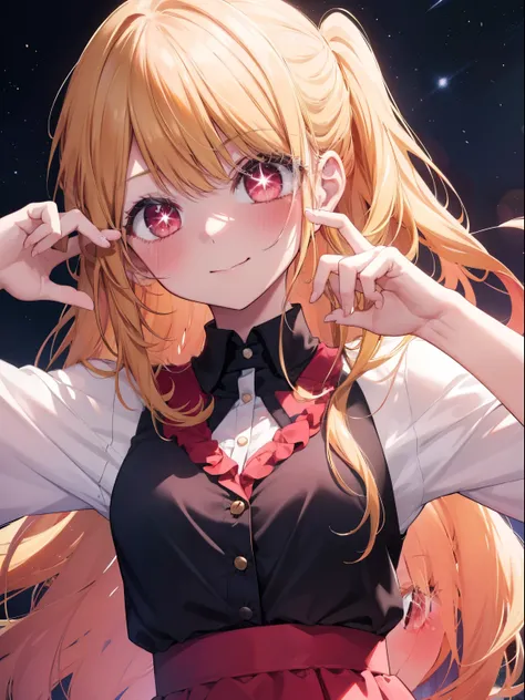 Hoshino Ruby、Good looking girl (Long blonde hair with square bangs, Big Red Eyes, One-eyed star,blush, Perfect Face), independent , looking at the camera, masterpiece, Anime art style, Cute Characters, Most detailed, high quality、Nico Nico Smile、Showing ar...