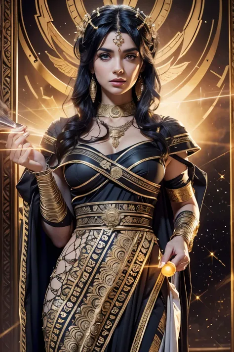 Greek goddess of witchcraft and magic, with ((black hair)) and ((dark eyes)), ((is very fair-skinned)), mysterious and cool beauty, wears a ((black)) greek toga with golden pattern, holding a torch, ancient greek temple and stary night sky in background, G...