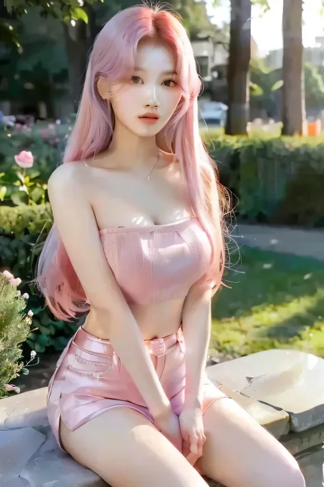 a close up of a woman with rosa hair sitting on a stone bench, smooth rosa skin, rosa girl, hermosa joven coreana, muchacha coreana, ((rosa)), with rosa hair, long flowing rosa hair, rosa straight hair, some rosa, long rosa hair, con cabello largo, pastel ...