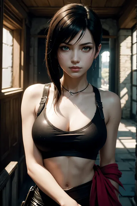 (((obra maestra))), (((mejor calidad))), Chica anime con pelo largo y falda de cuero parada bajo la lluvia., retrato de tifa lockhart, tifa, tifa lockhart, retrato de tifa lockhart, tifa lockheart, seductive retrato de tifa lockhart, glamorosa tifa lockhea...