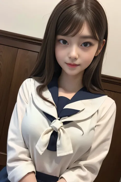 masterpiece、highest quality、Girl 1、Ultra-detailed,Slim figure: 1.4, (Brown Hair, big: 1.3), Highly detailed face, Fine grain, double eyelid, (Sailor suit schoolgirl), Laughter, 17 years old