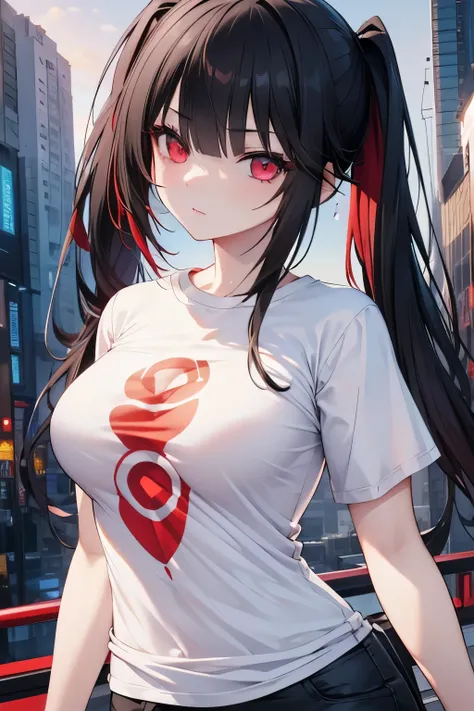 Optimal，masterpiece，High resolution，highest quality，Hyper HD，Very detailed，Award-winning，16k，alone，（Upper Body），Correct Anatomy，Beautiful Cyberpunk Girl，Upper Bodyの写真、Cute face，，Black Hair、Long Hair、Twin tails、Hairline，（（Scarlet Eyes）），Long eyelashes，Droop...