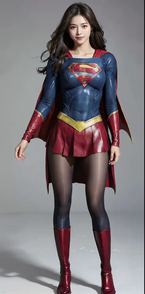 No background、(((Beautiful legs in black tights.)))、(((Legally express the beauty of your smile)))、((((Make the most of your original images)))、(((Supergirl Costume)))、(((Beautiful Hair)))、(((suffering)))、(((Please wear black tights....、Wear red boots)))、(...