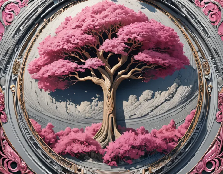 I am magic tree, peaceful, deep pink in grey color, Art Deco, Bauhaus, Hyperrealism, Pixar, rococo style, Baroque, Art Nouveau, panorama, satellite image, depth of field, award winning, highres, 4K, super detail, masterpiece, super detail, on moon surface 