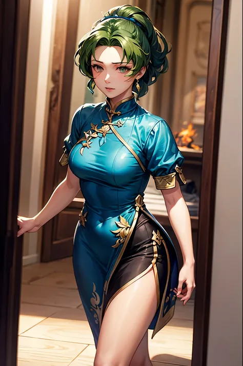 una mujer con cabello color verde atado a una cola alta, arte detallado de Lyn, FIRE EMBLEM Heroes, Lyn, vestido cheongsam abierto color azul, una hermosa mujer kitsune, una hermosa guerrera con arco, cushart krenz arte clave femenino, personaje de FIRE EM...