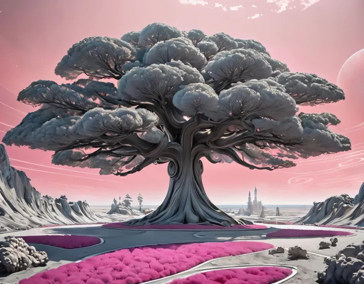 I am magic tree, peaceful, deep pink in grey color, Art Deco, Bauhaus, Hyperrealism, Pixar, rococo style, Baroque, Art Nouveau, panorama, satellite image, depth of field, award winning, highres, 4K, super detail, masterpiece, super detail, on moon surface 