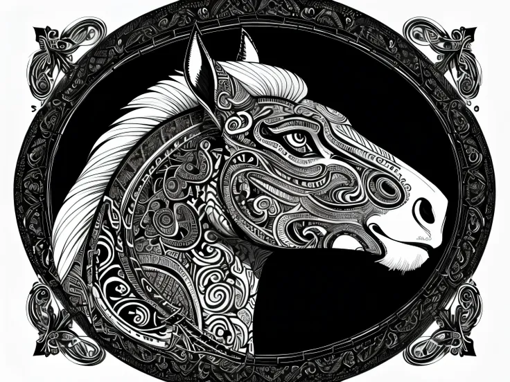 a horse head with a pattern on its face, line art illustration, detailed intricate illustration, intricate detailed illustration, intricate line art, exquisite line art, intricate details illustration, detailed line art, bold lineart, black and white vecto...