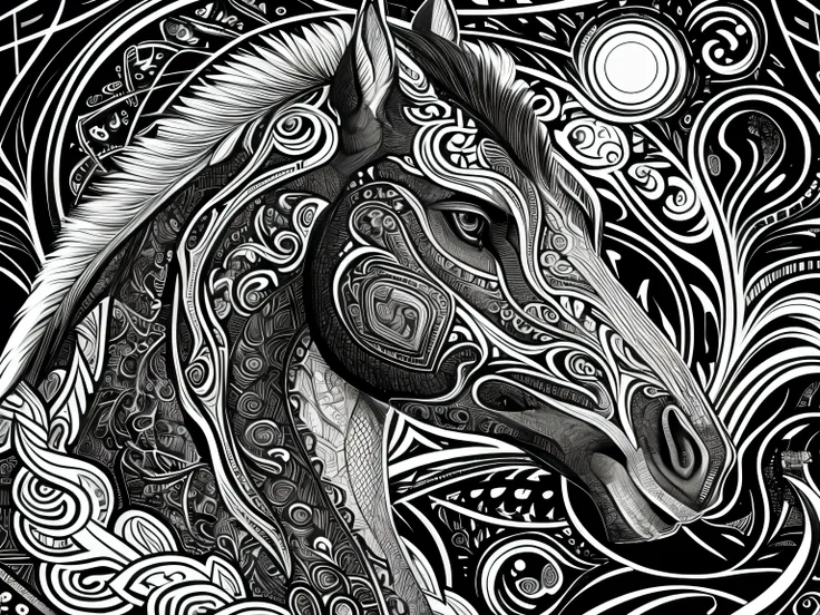 a horse head with a pattern on it's face, line art illustration, detailed intricate illustration, intricate detailed illustratio...