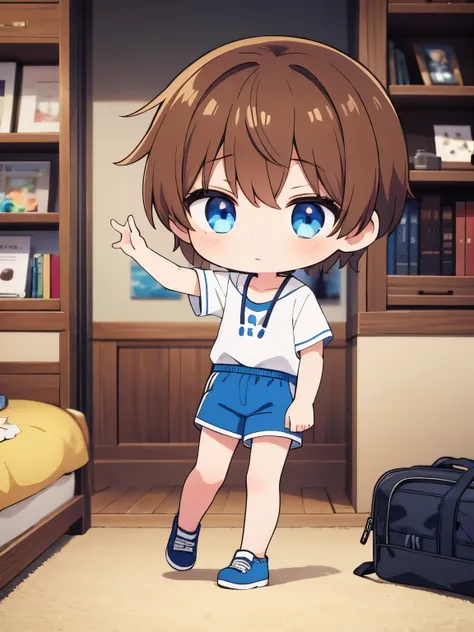 1boy，blueshorts，chibi，brown hair