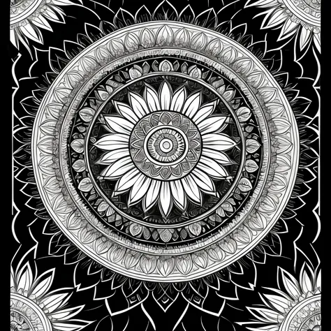 craft a coloring book page with a mandala of a cat with feathers and sun rays; black and white; 4k; high resolution; 300dpi