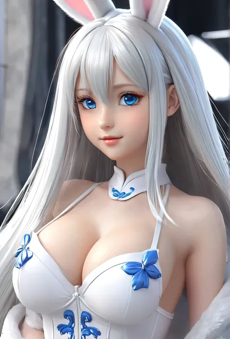 16-year-old girl，Silver long hair，Blue Eyes，Long eyelashes，Unbelievably huge breasts，((3D anime style))，White Bunny Outfit，