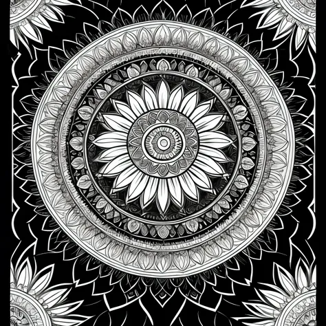 craft a coloring book page with a mandala of a cat with feathers and sun rays; black and white; 4k; high resolution; 300dpi