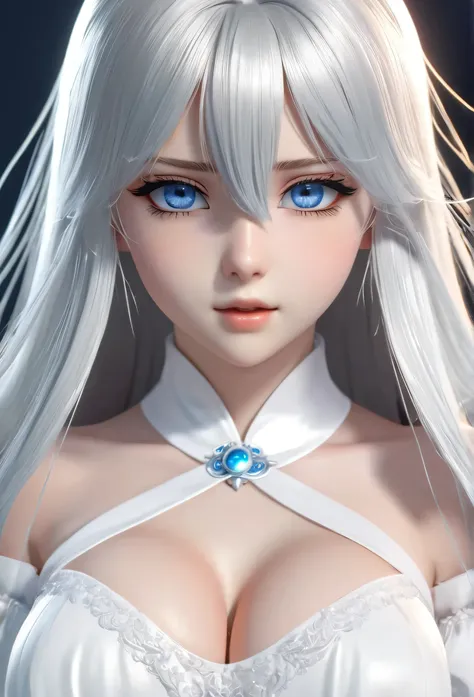 16-year-old girl，Silver long hair，Blue Eyes，Long eyelashes，Unbelievably huge breasts，((3D anime style))，White dress with a lot of exposure，