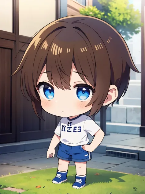 blue shorts 1boy slick back hair brown hair chibi