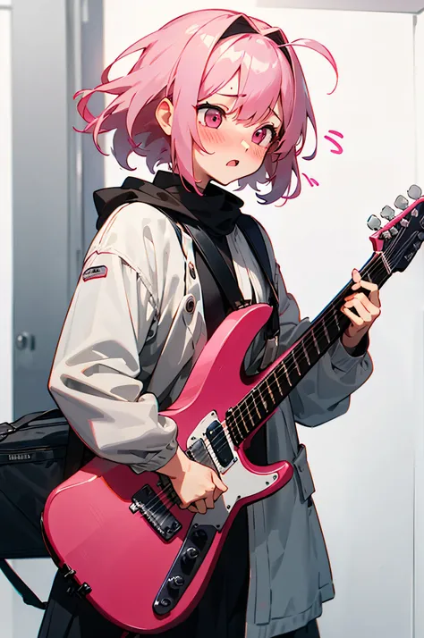 Female, pink hair, pink eyes,, small hair accesory, surprised face, blushing, nervous, holding Guitar Case