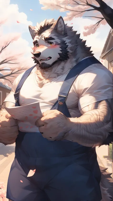 Solitary, anthropology, hairy, hairy male, Wolf, ((Fluffy fur, Fluffy, hairy body)), (Wolf印), (short beard), youth, Gray body, White belly, muscular, White, Big muscles, Golden pupils, Tail, deTailed teeth, deTailed face, Fundos,((Open it) Gray shirt), Bla...