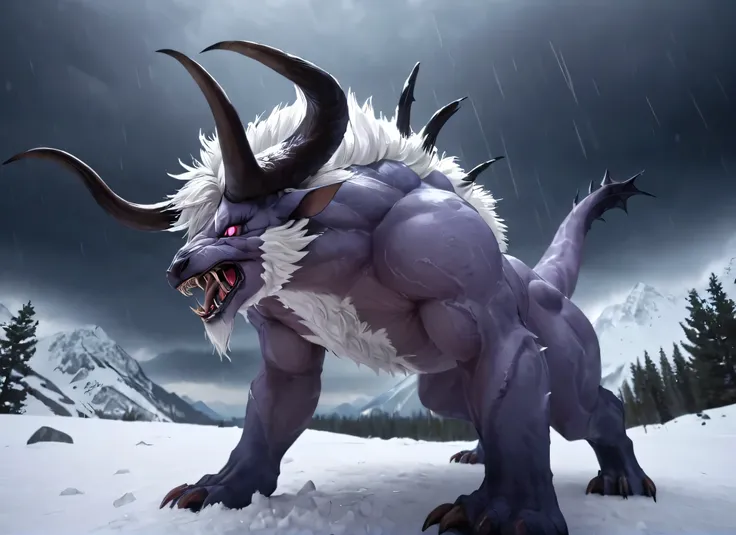 white behemoth a beast with long horns, at snowy peaks, hail storm, (masterpiece), best quality, highres, 4k, 8k, cinematic ligh...