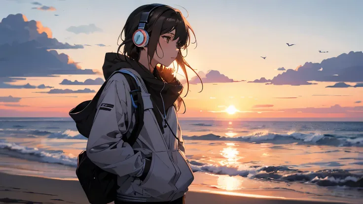 At the beach at sunset、Beautiful girl listening to music through headphones、