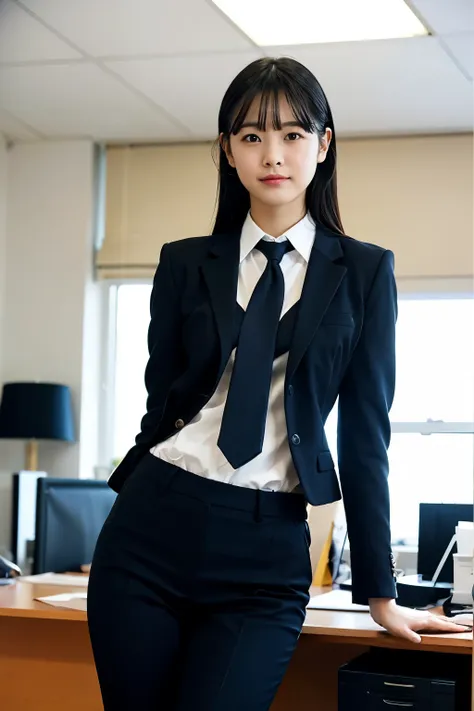  A woman standing in an office,Black suit, white shirt and tie、Navy knit bottoms,Bloomers、20-year-old,bangs,A small smile,Thighs,Total,knees,Shortcuts,From below