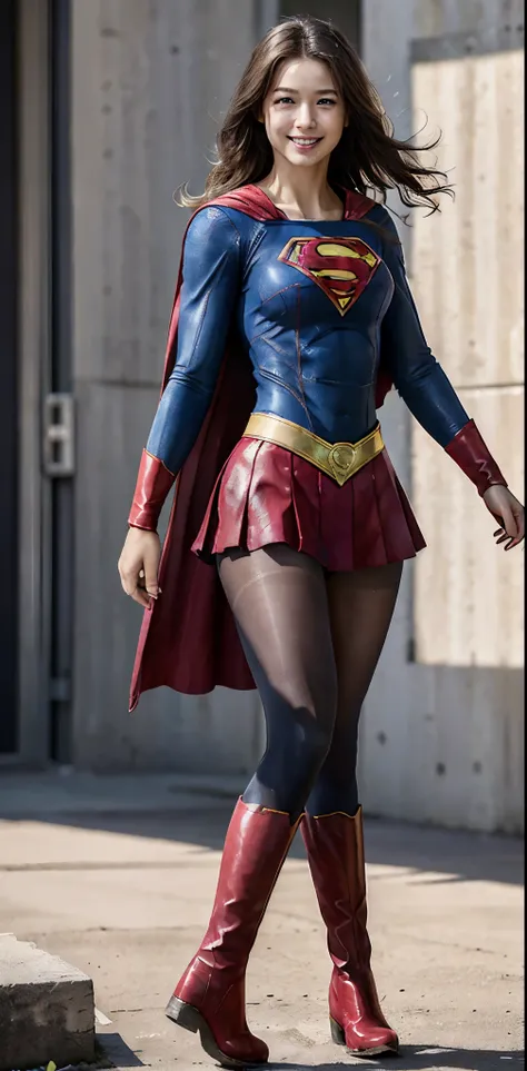 No background、(((Beautiful legs in black tights.)))、(((Legally express the beauty of your smile)))、((((Make the most of your original images)))、(((Supergirl Costume)))、(((Beautiful Hair)))、(((suffering)))、(((Please wear black tights....、Wear red boots)))、(...