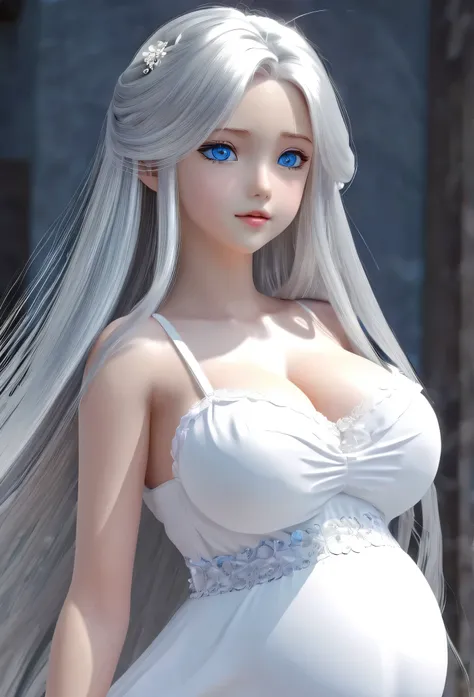 12-year-old girl，Silver long hair，Blue Eyes，Long eyelashes，Unbelievably huge breasts，((3D anime style))，White dress with a lot of exposure，Are pregnant，