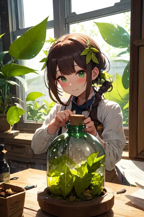 absurdres resolution, masterpiece, (fantasy girl working in atelier:1.1), (converting green leaf to green drops:1.3), (green solution in bottle:1.2), heavy rain outside window