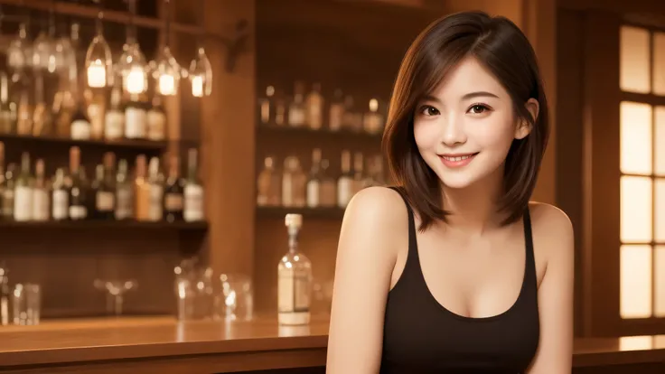 (1girl), brown eyes, A very neat face, (cute smile:1.2), (innocent smile:1.2), (highly detailed eyes, highly detailed face), (Tank top:1.2), (hyper-realistic, hight resolution), (best Quality:1.4), model, Enchanting, Cocktails bar, stylish bar, sitting, in...